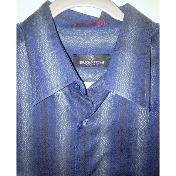 Bugatchi Uomo Shirt Mens XL Blue Striped W dotted Circle Design Long Sleeve - Picture 3 of 9